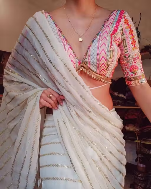 Georgette Embroidered Elegant White Color Sreee With Blouse